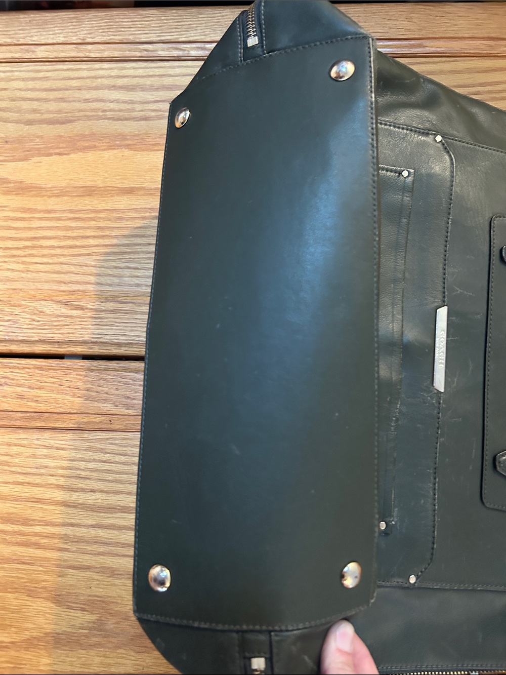 Coach Dark Green Leather Tote with Front Pocket and Silver Hardware - Picture 7 of 13